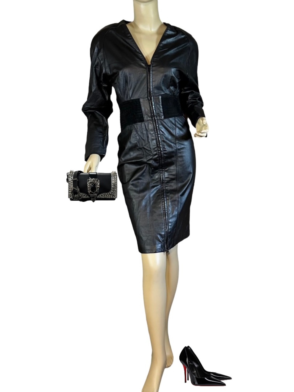 VINTAGE 1980'S CHIA BLACK LEATHER FITTED DRESS W/SUEDE ACCENTS (6)